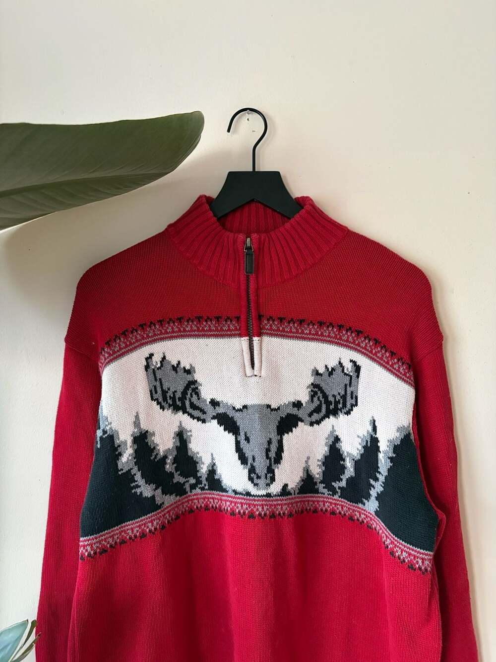 Chaps Moose Quarter Zip Sweater Size XL Red Cotton